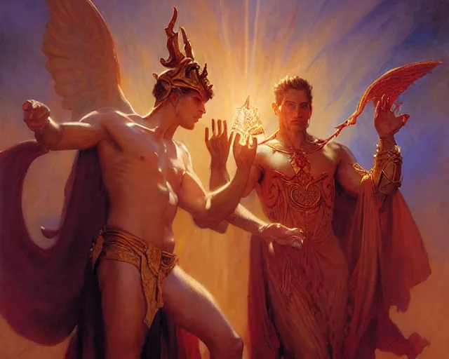 Image similar to attractive male deity, casting demonic magic, summoning handsome lucifer morning star. highly detailed painting by gaston bussiere, craig mullins, j. c. leyendecker 8 k