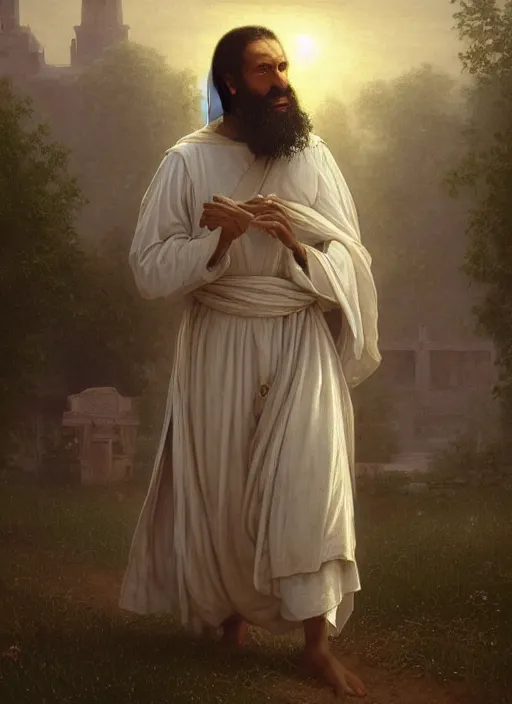 Prompt: oil painting portrait of a dominican monk with a long beard in a white and brown habit, striding dancing through a flourishing garden at sunset with a monastery in the background, hazy, digital art, chiaroscuro, artstation, cinematic, golden hour, digital art painting by greg rutkowski, william - adolphe bouguereau, hazy atmosphere, flowers, cinematic lighting