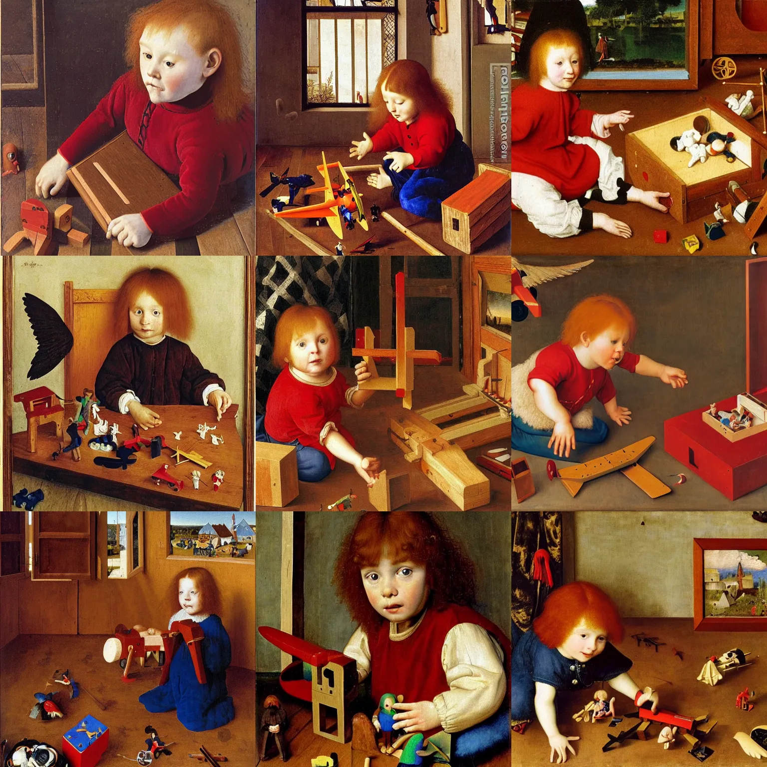 Prompt: A young boy with long red hair and small wooden wings sitting on the floor, surrounded by toys , and playing with a wooden airplane model, oil painting by Jan van Eyck