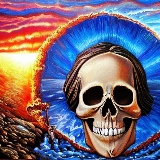 Image similar to a highly detailed oil painting of Jesus Christ with skull instead of face, standing inside the epicenter of thermonuclear blast mushroom on blue earth planet, praying for mercy