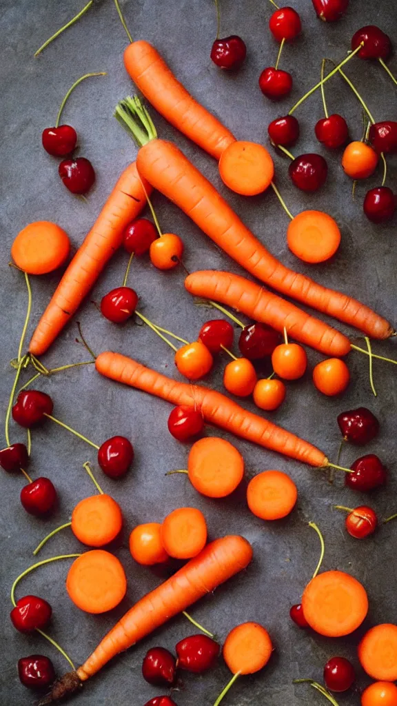 Image similar to 1 9 7 0 s food photography of carrot and cherries in the shape of a man