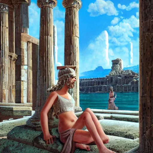 Prompt: young ancient greek godess in helmet, giant gray-haired bearded male head in background, ancient greek temple in background, by David Ligare, wide angle scifi landscape, hyperrealistic surrealism, award winning masterpiece with incredible details, epic stunning, infinity pool, a surreal vaporwave liminal space, highly detailed, trending on ArtStation, artgerm and greg rutkowski and alphonse mucha, daily deviation, IAMAG, broken giant marble head statue ruins, golden hour