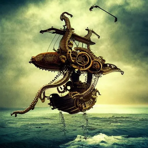 Image similar to A flying octopus ship, digital art, steampunk, epic, cinematic, dramatic lighting