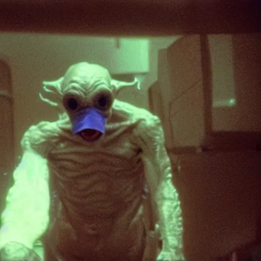 Prompt: a 35mm filmic wide shot ground level angle movie still color film photograph of a shape shifting alien creature with multiple mutated snarling drooling human faces and a grotesque variety of human & animal arms trying to grab a doctor wearing a surgical mask, in the style of a live action 1980s horror film, The Thing 1982