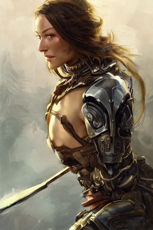 Image similar to a professional painting of a young Olivia Wilde, clothes in military armor, olive skin, long dark hair, beautiful bone structure, symmetrical facial features, intricate, elegant, digital painting, concept art, smooth, sharp focus, illustration, from StarCraft by Ruan Jia and Mandy Jurgens and Artgerm and William-Adolphe Bouguerea