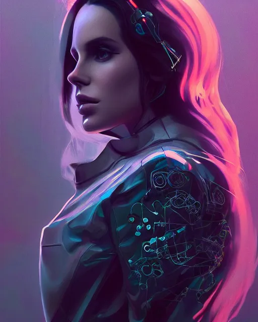 Image similar to portrait of lana del rey as a cyberpunk cyborg. sci - fi intricate abstract. intricate artwork, tear drops, roses, by tooth wu, wlop, beeple, dan mumford. concept art, octane render, trending on artstation, greg rutkowski, asymmetrical, cinematic arthouse, key art, hyper realism, iridescent accents