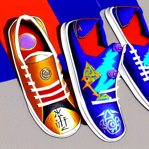 Image similar to fantasy anime jrpg sneaker design designed for goku, chrono trigger guilty gear style, aztec mayan street fashion native punk sneaker design, hip hop sneaker design with subtle mayan patterns, gapmoe yandere grimdark, trending on pixiv fanbox, painted by greg rutkowski makoto shinkai takashi takeuchi studio ghibli, akihiko yoshida