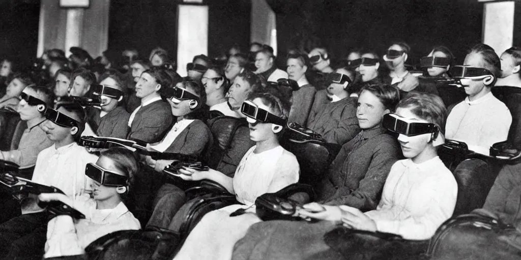 Prompt: 1 9 0 0 s photo of people using iphones ipods virtual reality headsets vr watching hd tv in a movie theater