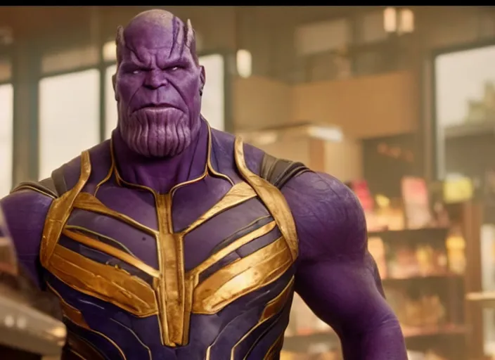 Prompt: film still of Thanos as a baristaat Starbucks in Avengers Infinity War, 4k