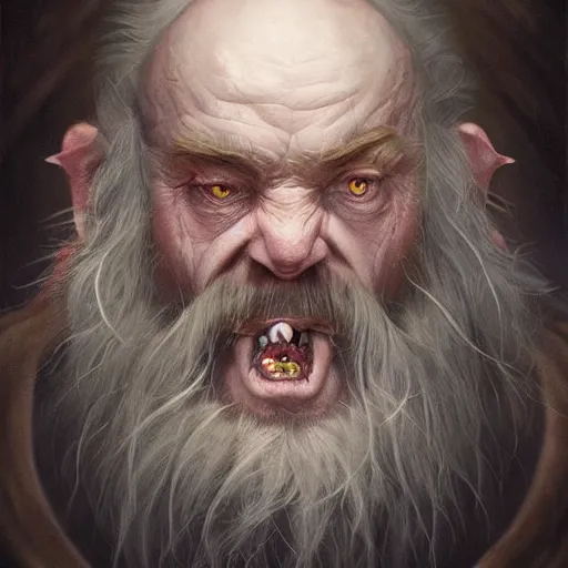 Image similar to a detailed matte head - on portrait painting of an ugly old hobbit man, with a large scar and missing teeth portrait by charlie bowater, lise deharme, wlop, tending on arstation, dungeons and dragon, dnd, pathfinder, fanart, oil on canvas