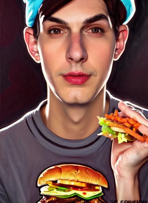 Image similar to oil painting, jughead jones has a really long nose, he wears a light grey crown, and devours a hamburger, intricate, elegant, highly detailed, lighting, painting, artstation, smooth, illustration, art by greg rutowski and alphonse mucha