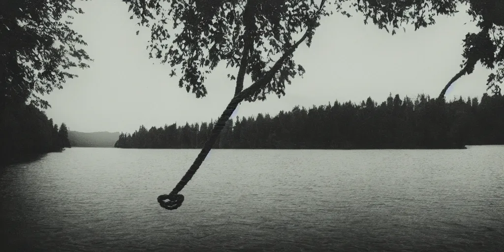 Image similar to symmetrical photograph of a very long rope on the surface of the water, the rope is snaking from the foreground towards the center of the lake, a dark lake on a cloudy day, trees in the background, moody scene, dreamy kodak color stock, anamorphic lens