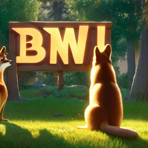 Image similar to weta disney pixar movie still photo of funny shiba inu giant sign that says bonk : : by weta, greg rutkowski, wlop, ilya kuvshinov, rossdraws, artgerm, octane render, iridescent, bright morning, anime, liosh, mucha : :