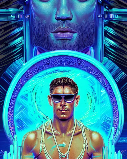 Prompt: synthwave outrun vaporwave art - deco poseidon wearing sunglasses and a laurel wreath | highly detailed | very intricate | symmetrical | cinematic lighting | award - winning | closeup portrait | 8 0 s nostalgia | painted by donato giancola and mandy jurgens and charlie bowater | featured on artstation