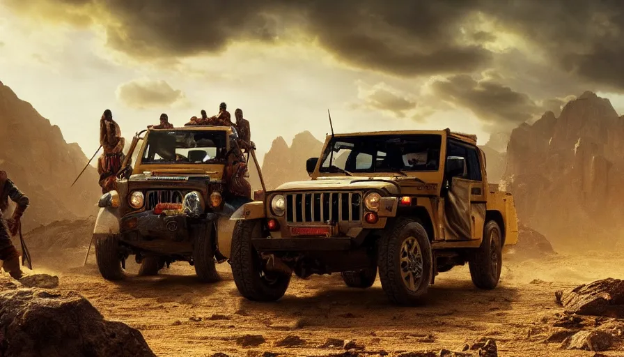 Image similar to Mahindra thar, tribe members attacking, action scene, an epic fantasy, dramatic lighting, cinematic, establishing shot, extremely high detail, photorealistic, cinematic lighting, artstation, matte painting, by christopher nolan, horizon forbidden west