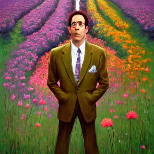 Image similar to Seinfeld made out of flowers, surreal landscaping in the background, portrait by Esao Andrews, concept art, existential horror, 4k HD, trending on ArtStation episode