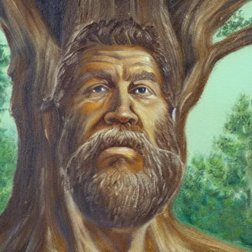 Prompt: A painting of an oak tree, with the face of an old bearded man, close up portrait of a human face in a tree