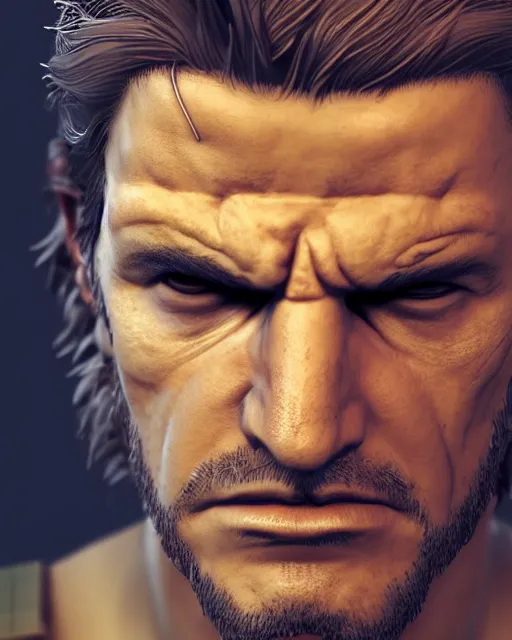 Image similar to solid snake bust portrait, cinematic lighting, backlit face, anguished depressed expression, close - up, black atmospheric background, 4 k photorealistic render, best of artstation hdr, redshift houdini