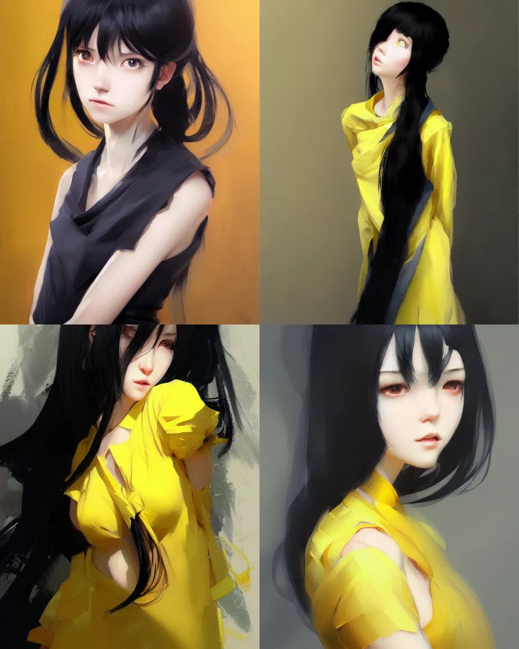 Prompt: girl with black hair and yellow dress, half - length photo, illustration, rim light, soft painting, art by wlop an krenz cushart and wenjun lin