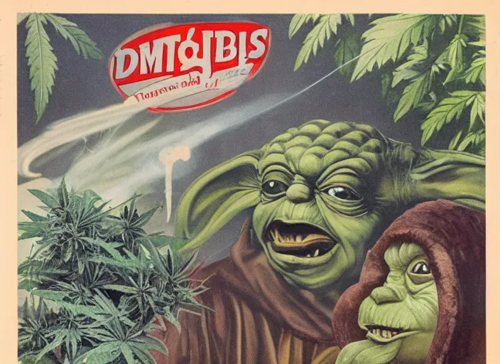 Prompt: vintage travel advertisement dagobah, of yoda smoking a huge joint, surrounded by cannabis plants