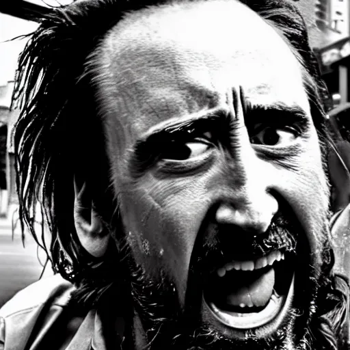 Prompt: uhd candid photo of dirty, homeless nicholas cage ranting maniacally in the street. skid row. correct face, accurate face, exaggerated features, intricate details, hyperdetailed, accurate face. photo by annie leibowitz