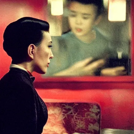 Prompt: intimate movie still of scarlett johansson in wong kar wai in the mood for love