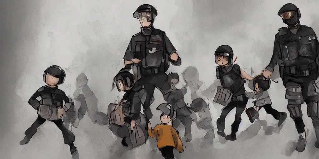 Image similar to digital art, trending on artstation, family under a dystopian dictatorship been on detention by police regime