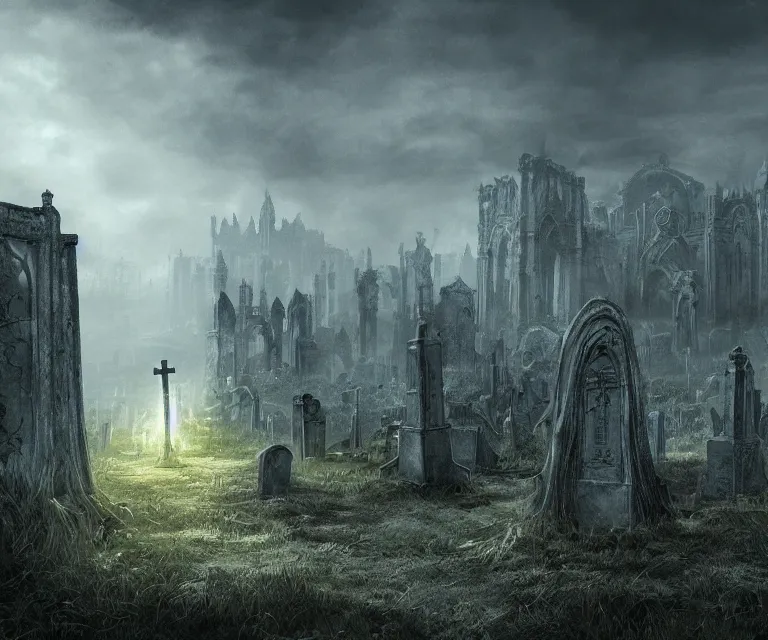 Prompt: a city of tombs and tombstones, graveyard landscape, ghostly spirits, giant grave structures, giant tomb structures, bloodborne, dark fantasy, digital art, fantasy art