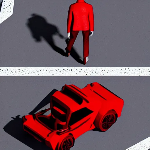 Image similar to isometric view of a man with a red jacket. walking towards a red futuristic motorbike. hyper realistic, dramatic lighting, ultra detailed, sharp focus, wide angle, digital illustration, trending on artstation