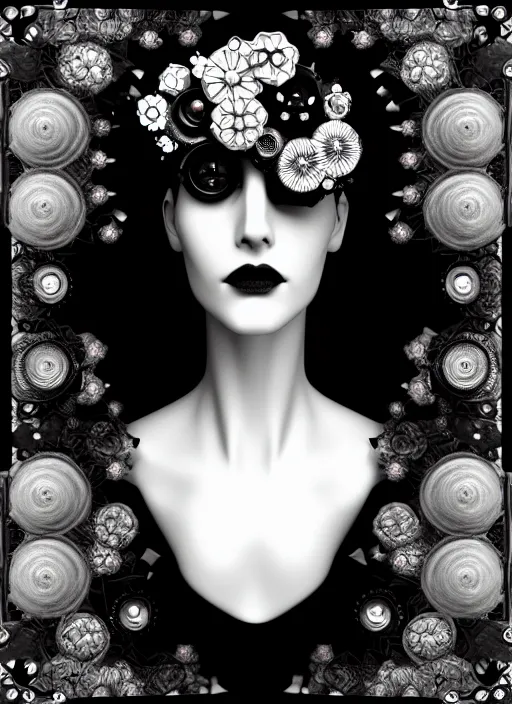 Image similar to black and white gothic masterpiece profile portrait, one steampunk eye silver hexagonal meshes floral biomechanical beautiful young female cyborg - vampire, big monocular, volumetric light, hibiscus flowers, by hg giger, rim light, big gothic fashion pearl embroidered collar, 8 k