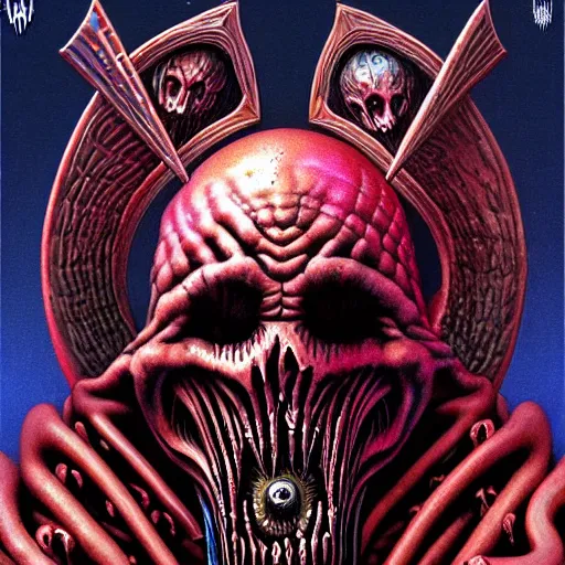 Prompt: NWOBHM metal album cover in the style of wayne barlowe and kenny scharf and mark arian, realistic, insanely detailed, soft, smooth, airbrush, play-doh, wet, slimy