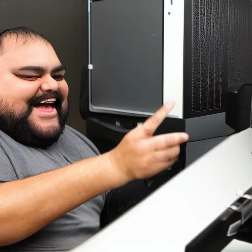 Prompt: a slightly overweight bangleshi man with a black beard playing on his 5000 dollar pc