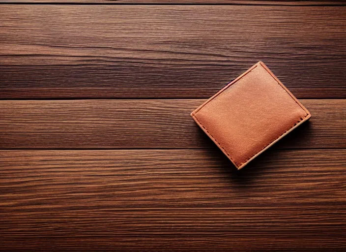 Prompt: clear highly detailed photorealistic topdown mockup product photograph of a realistic wallet on a wooden background