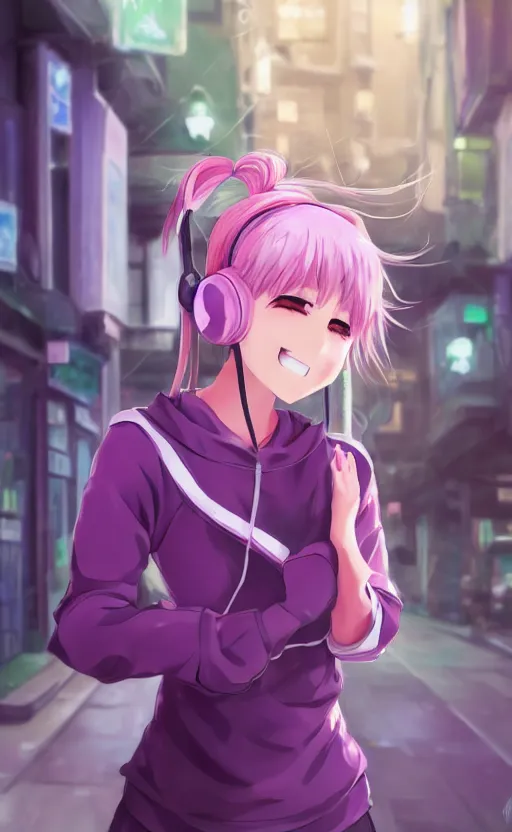 Image similar to anime girl with pink ponytail, wearing purple headphones, wearing a green sweater, with a smile on her face and her eyes closed, walking down a street, dynamic lighting, photorealistic fantasy concept art, trending on art station, very detailed, anime concept art, stunning visuals, creative, cinematic, ultra detailed