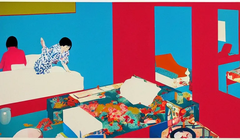 Prompt: A bedroom designed by Tadanori Yokoo, film still, by Gregg Araki