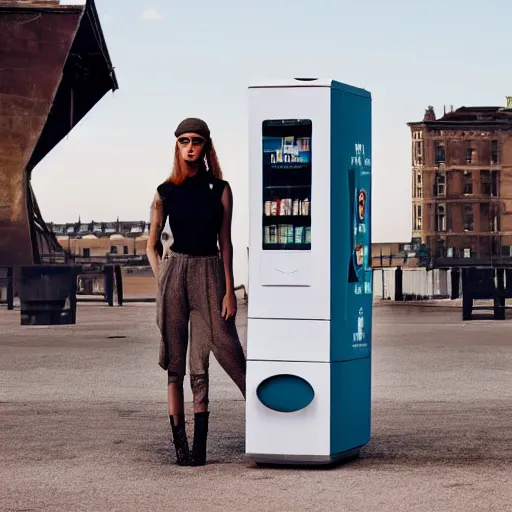 Prompt: a model wearing street fashion stands in a vast empty landscape next to a drinks vending machine