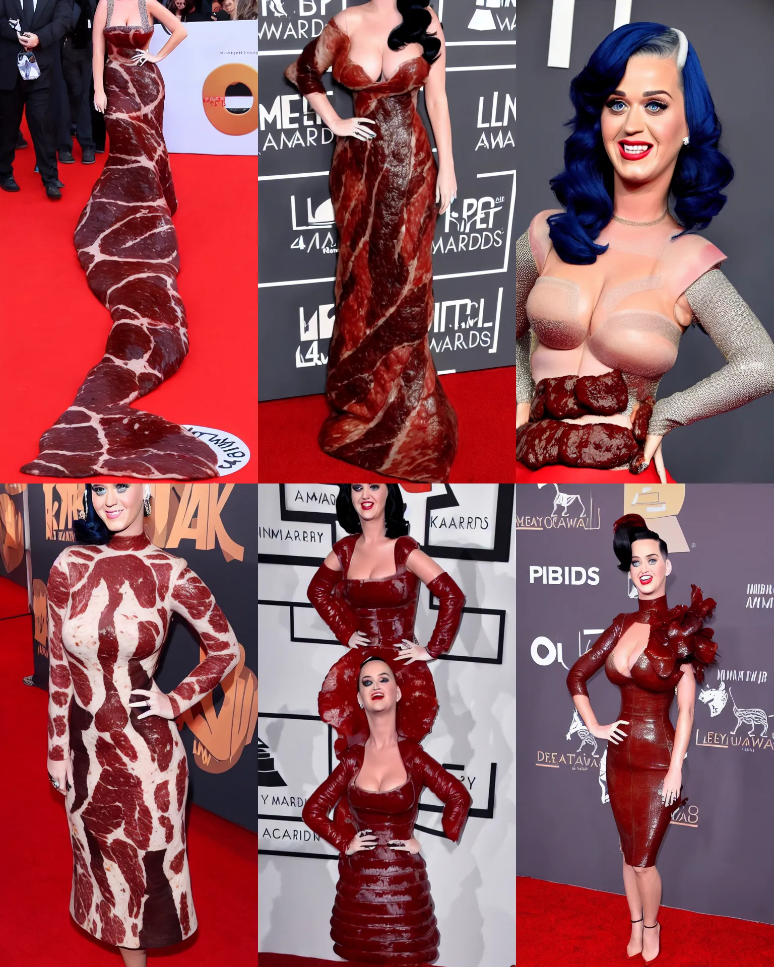 Prompt: katy perry wearing a meat dress, realistic, red carpet photo, detaild, 4 k, twitter