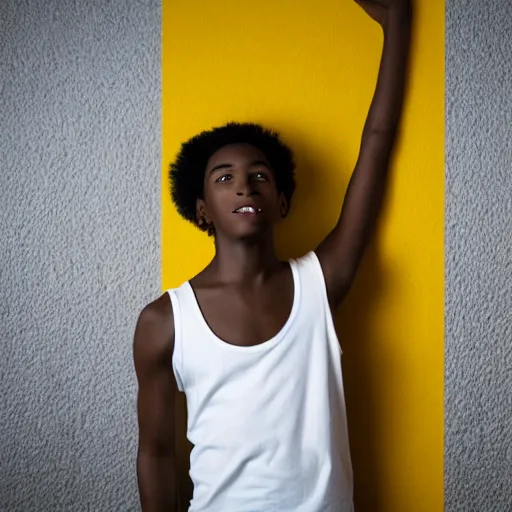 Image similar to black teenage boy with a long nose wearing a white tank top, walking in a nostalgic room with yellow walls and brown carpet