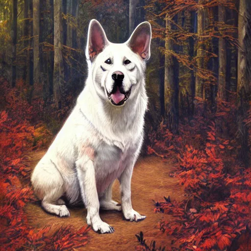 Image similar to a painting of a dog in the woods, an album cover by terry redlin, deviantart, furry art, official art, storybook illustration, hyper realism