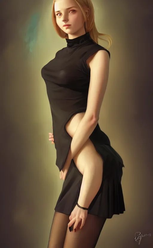 Image similar to portrait of a full body of beautiful young female secretary, d & d, sleeveless turtleneck, pencil miniskirt, fantasy, flat lighting, intricate, highly detailed, digital painting, artstation, concept art, smooth, sharp focus, illustration, art by simon bisley and greg rutkowski and alphonse mucha, natural tpose