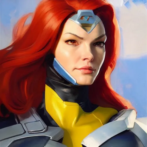 Image similar to Greg Manchess portrait painting of Jean Grey as Overwatch character, medium shot, asymmetrical, profile picture, Organic Painting, sunny day, Matte Painting, bold shapes, hard edges, street art, trending on artstation, by Huang Guangjian and Gil Elvgren and Sachin Teng
