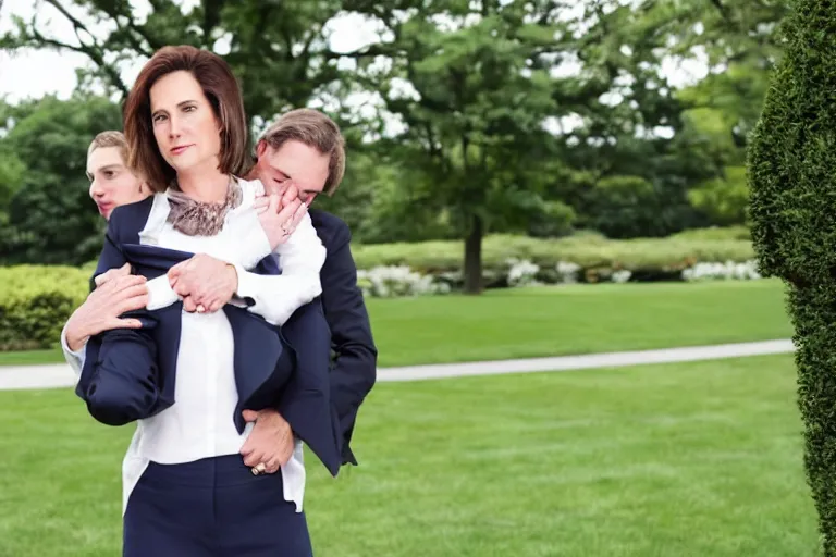 Image similar to press photo of a beautiful thirtysomething powerful female president in a suit, being held romantically by her two younger boyfriends in the white house rose garden, professional photo, press photo, glamorous, 8 k photorealistic, very detailed