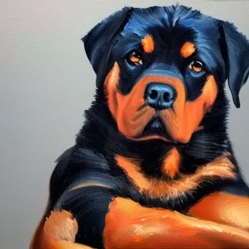 Image similar to sad sitting Rottweiler arms crossed pose, oil painting