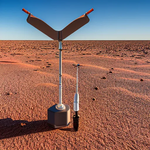 Image similar to rugged weather station sensor antenna for monitoring the australian desert, XF IQ4, 150MP, 50mm, F1.4, ISO 200, 1/160s, dawn