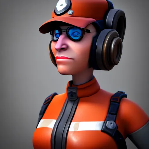 Image similar to 3 d render of engineer from team fortress 2 by valve as a woman, 4 k, 8 k, hd, high resolution, highly detailed, intricate detail, ultra realistic faces, digital art, trending on artstation, team fortress 2