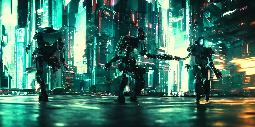 Image similar to Cyberpunk android chrome Robot dramatic movie scene with dynamic movement and motion blur and bokeh, shot on imax, cinematic scene, cinematographic composition, CineStill 800T Film