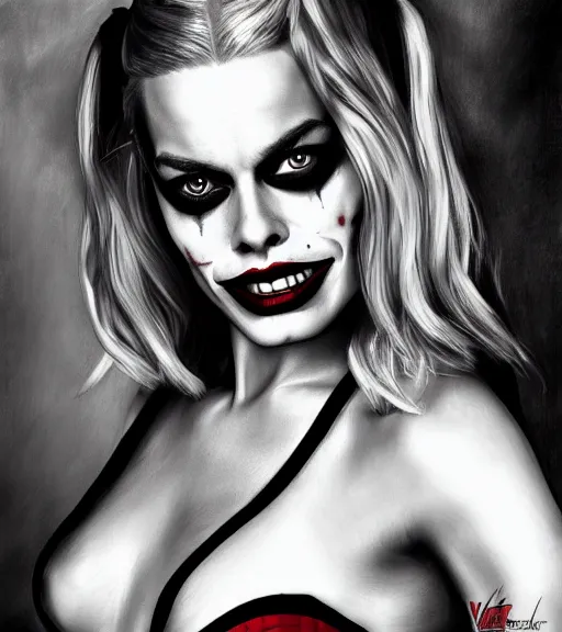 Image similar to a realism drawing of margot robbie as harley quinn portrait with joker makeup, in the style of den yakovlev, realistic face, black and white, realism, hyper realistic, highly detailed