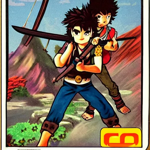 Image similar to 11-year-old boy with crazy hair holding scimitar, boy going on adventure, Nintendo Famicom boxart, 1987 video game boxart