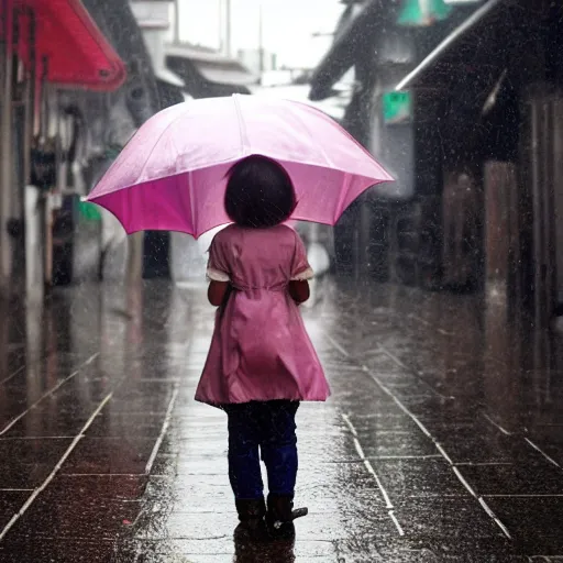 Prompt: a girl holding an oil - paper umbrella in a rainy lane