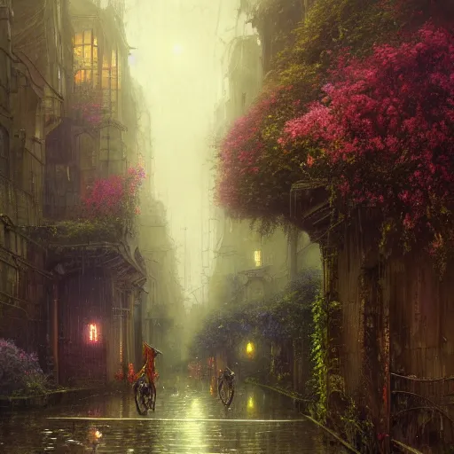 Prompt: the streets of an abandoned crumbling city overgrown by flowers and vines by tyler edlin, jean delville, john aktinson grimshaw, robert hubert, japanese romanticism style, oil on canvas, cinematic lighting, vibrant, hdr, concept art, rain reflections